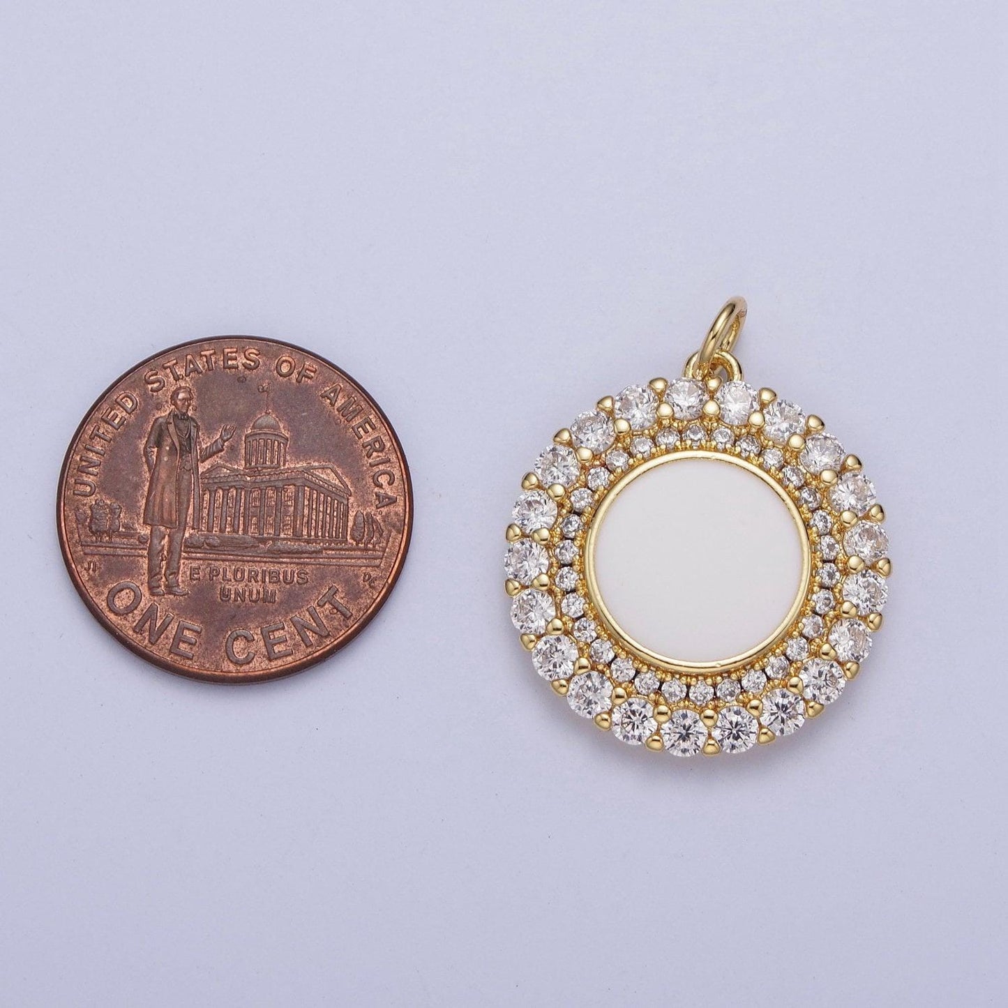 24k gold filled dainty micro pave round circular charm, micro cz pave pendants, pearl white circle center cz beaded edge charm | m-495