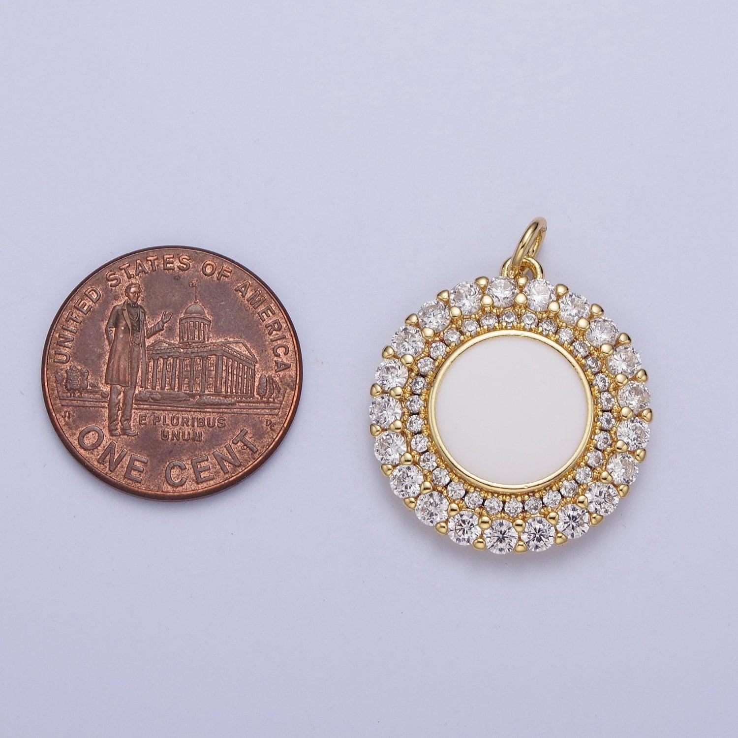 24k gold filled dainty micro pave round circular charm, micro cz pave pendants, pearl white circle center cz beaded edge charm | m-495