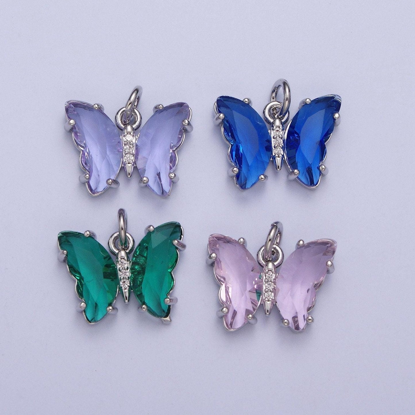 Dainty white gold filled butterfly pendant, silver micro pave cz crystals mariposa charm, mauve green lavender blue pendant | m-491~m-494