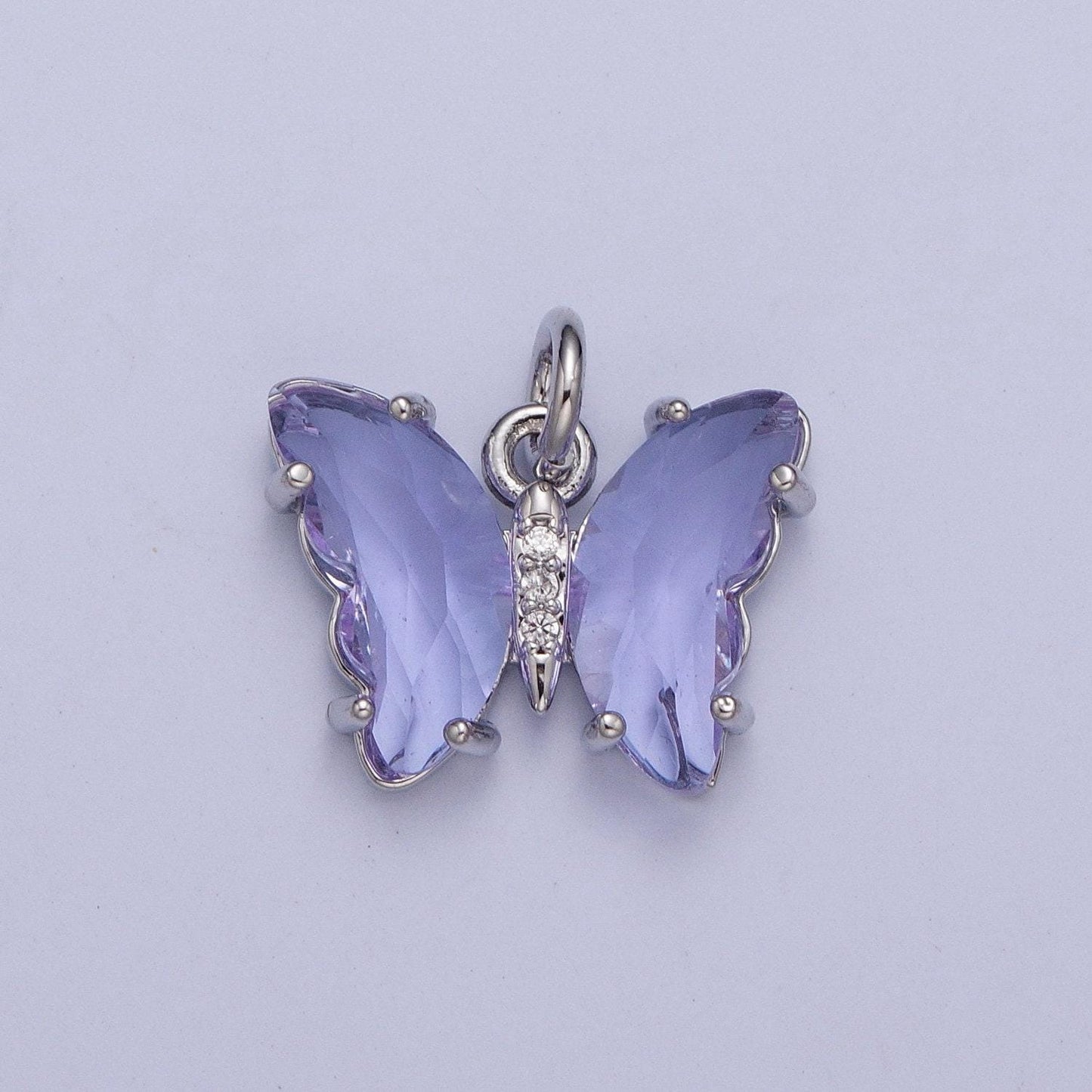Dainty white gold filled butterfly pendant, silver micro pave cz crystals mariposa charm, mauve green lavender blue pendant | m-491~m-494