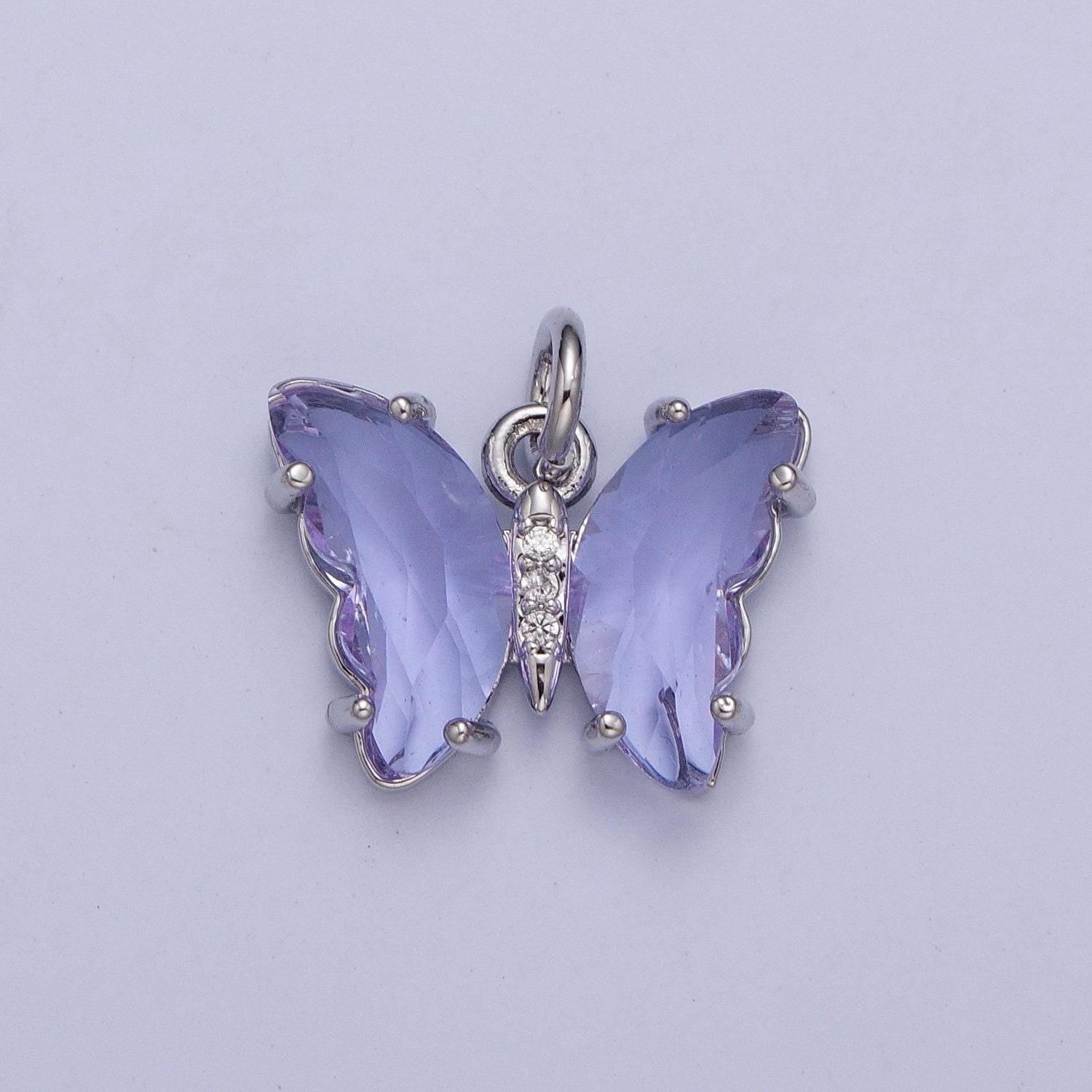 Dainty white gold filled butterfly pendant, silver micro pave cz crystals mariposa charm, mauve green lavender blue pendant | m-491~m-494