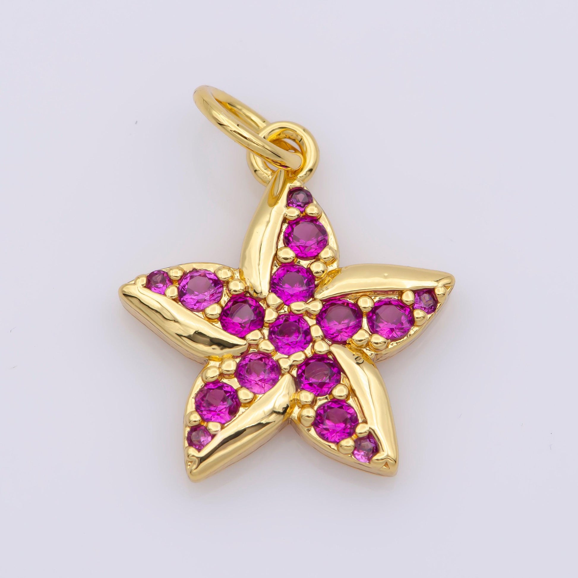 26k gold filled pink flower pendant hot pink star micro paved cz charm | m483