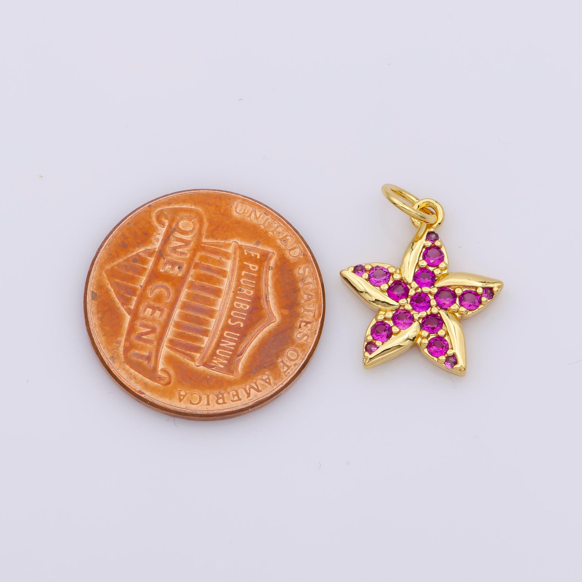 26k gold filled pink flower pendant hot pink star micro paved cz charm | m483