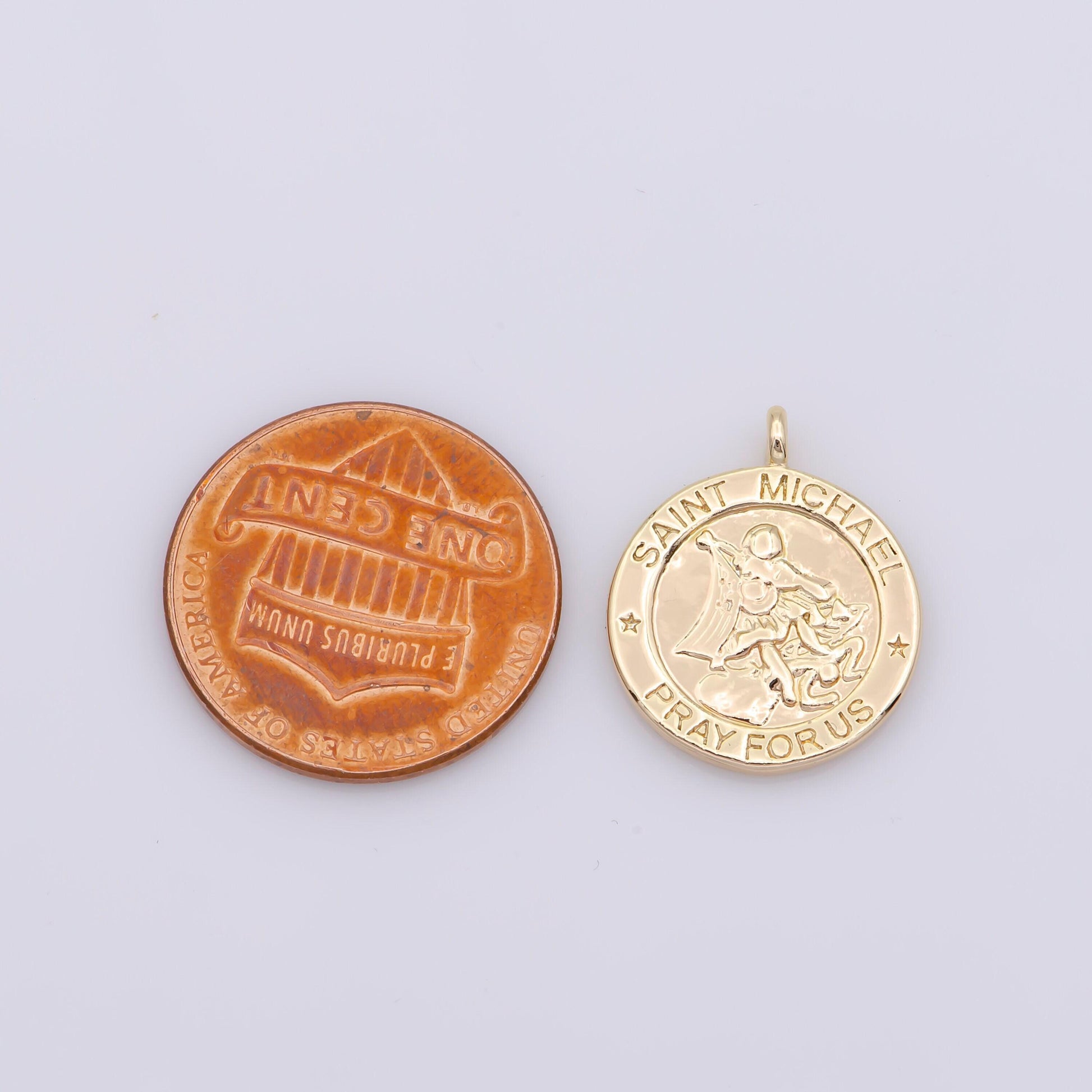 Dainty gold coin saint michael charm pray for us medallion for bracelet necklace pendant earring findings for jewelry making | m481