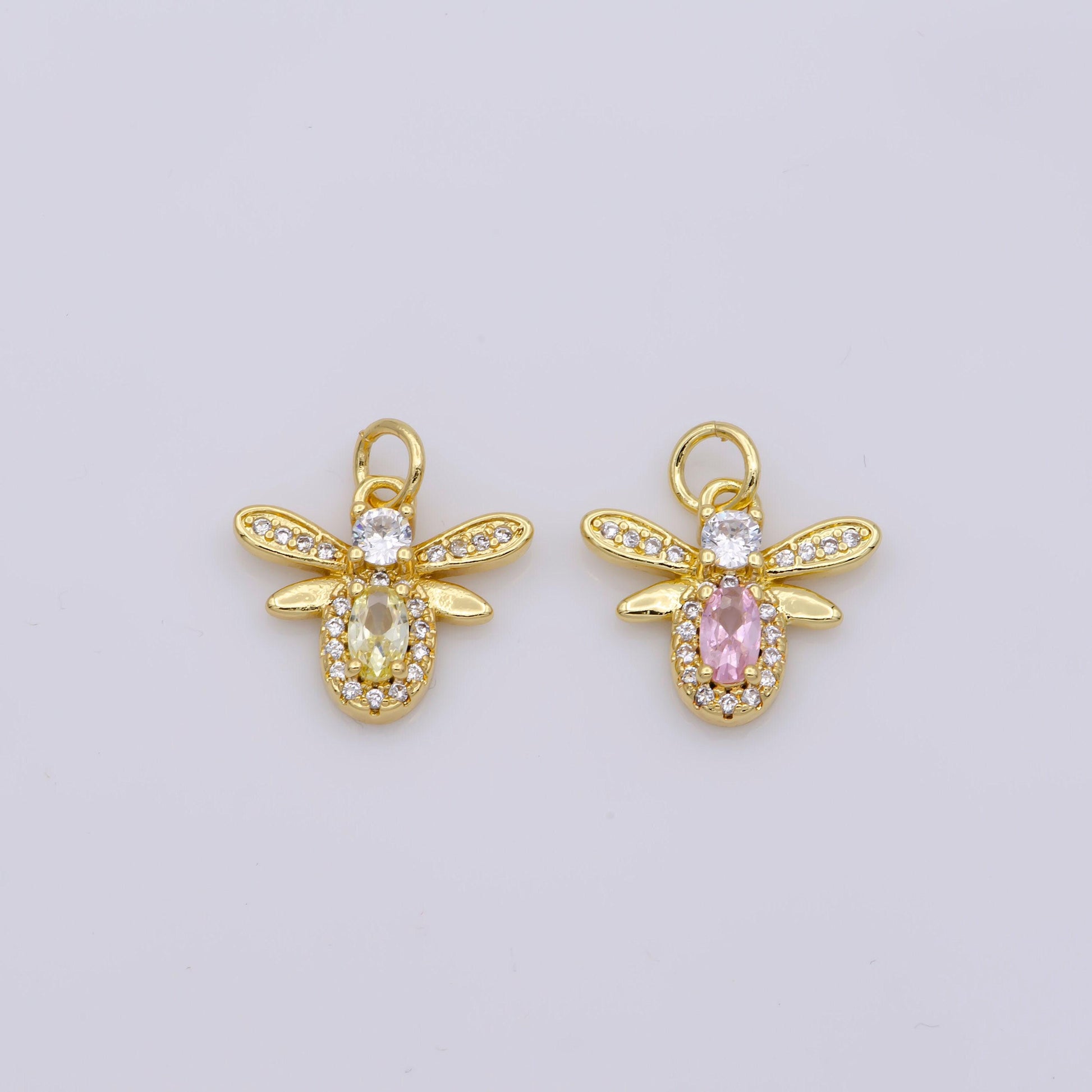 1x mini bee charm 14k gold filled pink yellow micro pave cz bee pendant charm, insect bug pendant charm queen bee