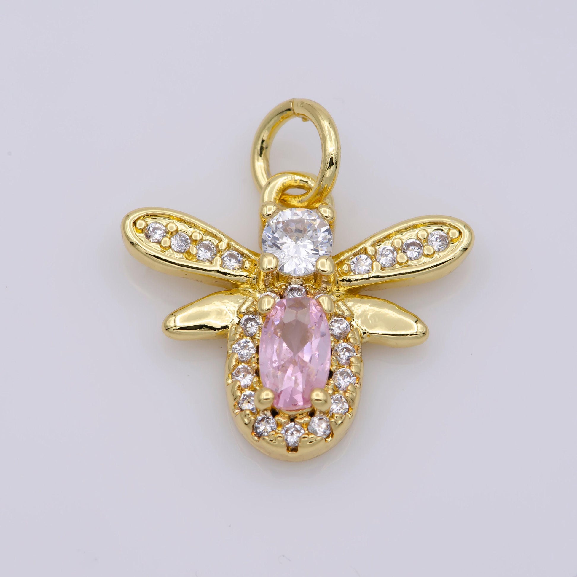 1x mini bee charm 14k gold filled pink yellow micro pave cz bee pendant charm, insect bug pendant charm queen bee