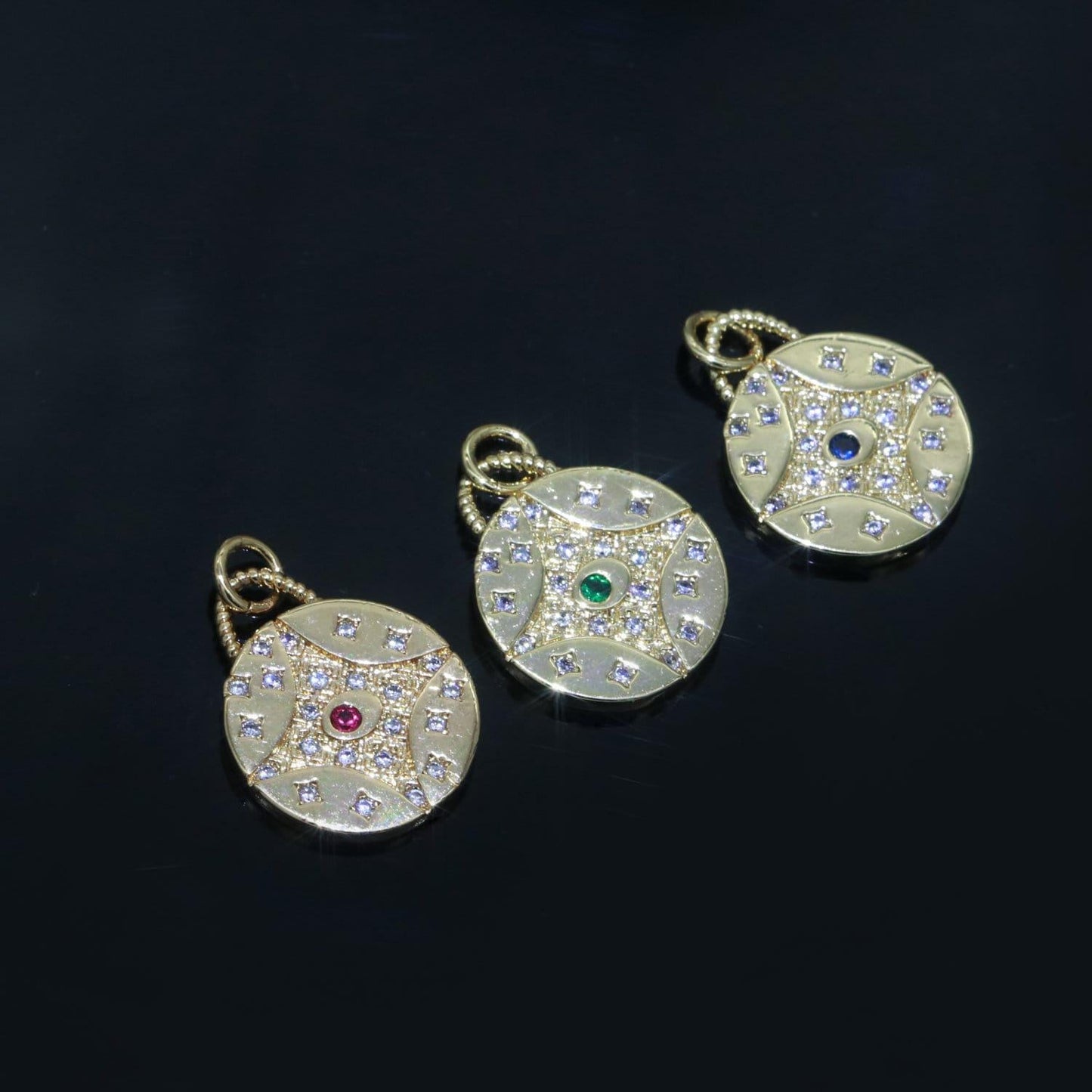 Cz micro pave star evil eye star on coin round shape pendant charm micro pave dainty gold charm for necklace bracelet earring supply