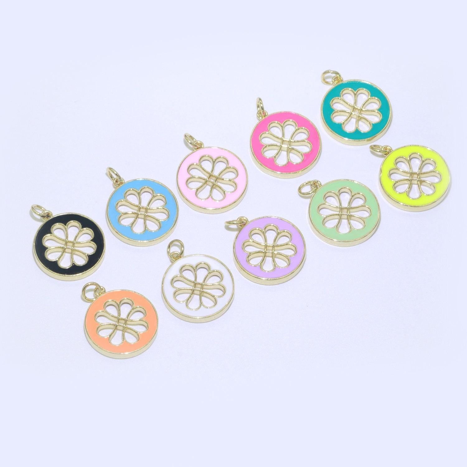 1pc enamel daisy charm 24k gold filled hollow round charm gold floral charms, dainty flower pink, teal, white, yellow green pendant, ch-2315