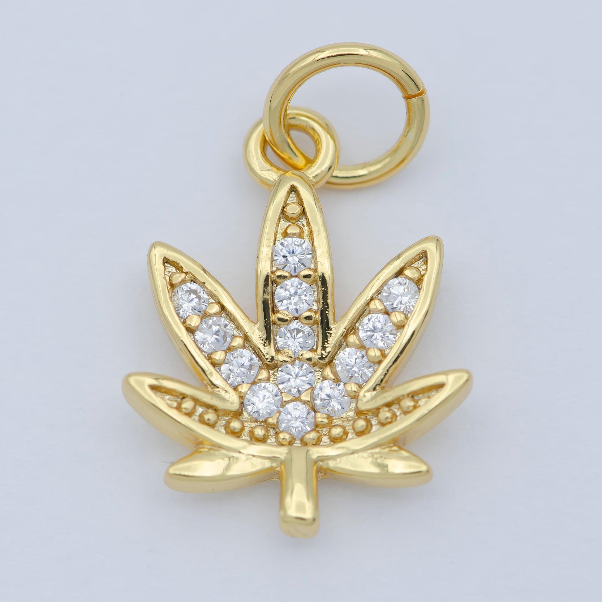 Dainty gold cz micro pave marijuana leaf charm pendant weed charm, pot leaf charm, cannabis charm, cubic weed charm 420 jewelry m-362