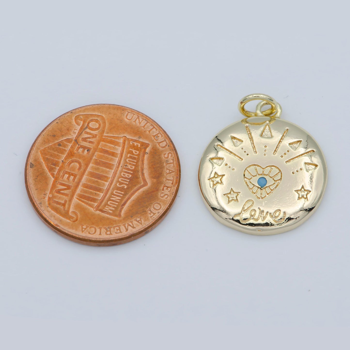 14k gold filled heart charm - love amulet medallion - coin disc charm - blue evil eye pendant for necklace bracelet earring charm