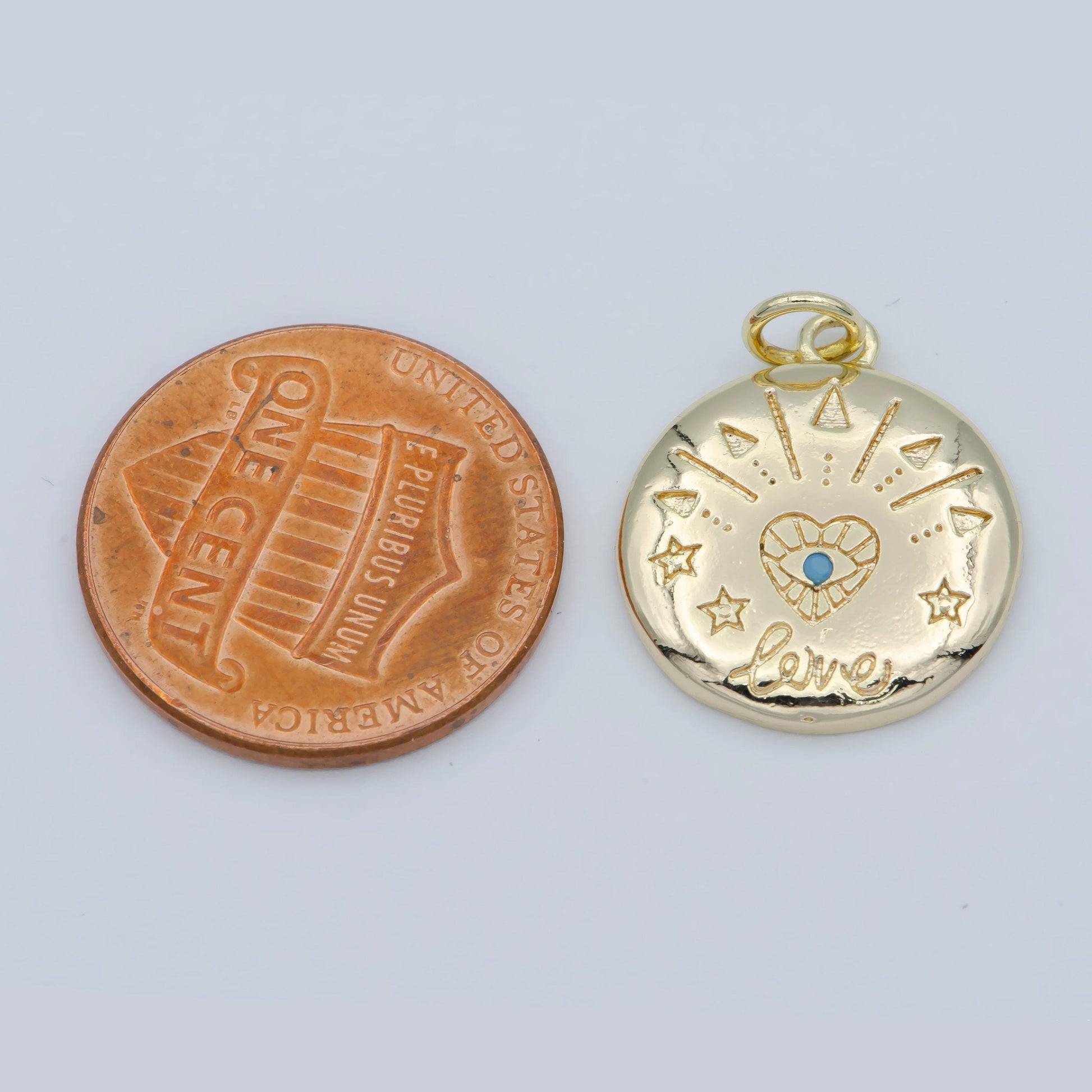 14k gold filled heart charm - love amulet medallion - coin disc charm - blue evil eye pendant for necklace bracelet earring charm