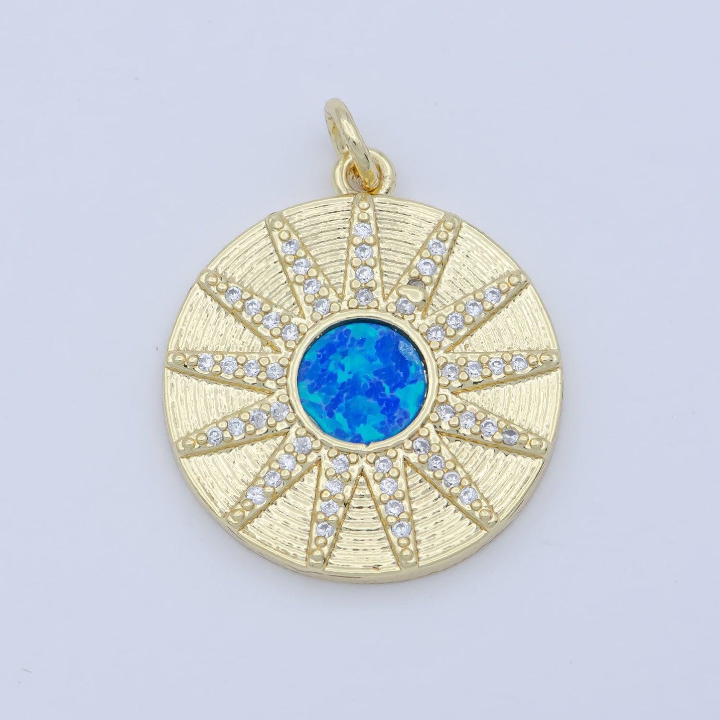 Dainty sunburst 14k gold filled vergina sun charm blue opal round medallion pendant micro pave gold sun celestial jewelry m-354
