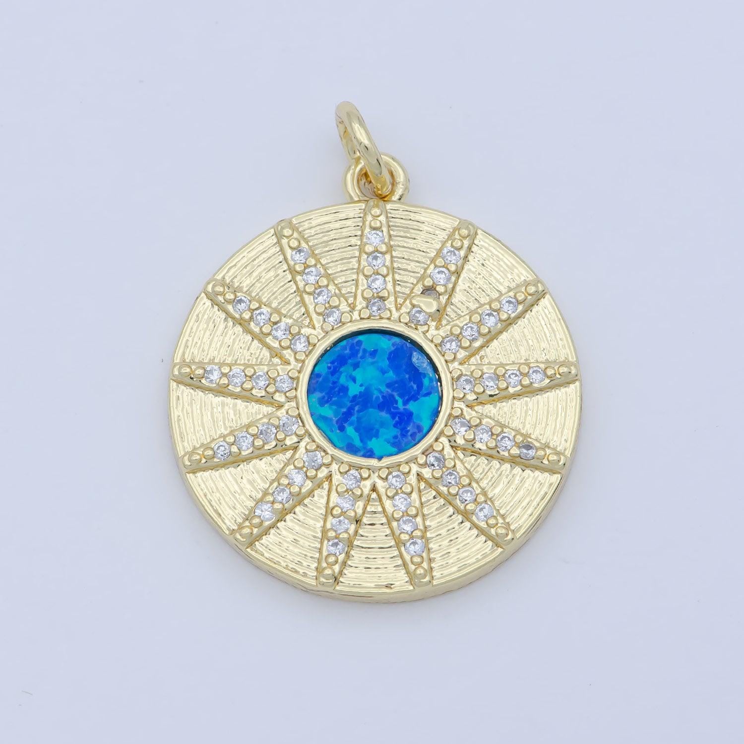 Dainty sunburst 14k gold filled vergina sun charm blue opal round medallion pendant micro pave gold sun celestial jewelry m-354