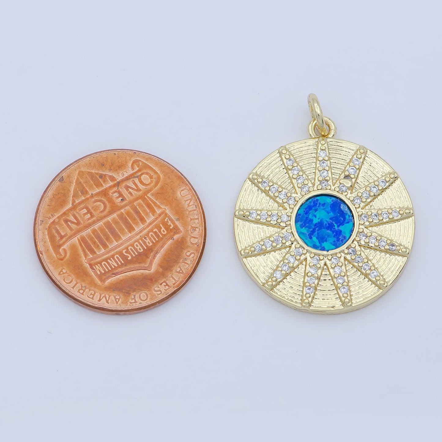 Dainty sunburst 14k gold filled vergina sun charm blue opal round medallion pendant micro pave gold sun celestial jewelry m-354