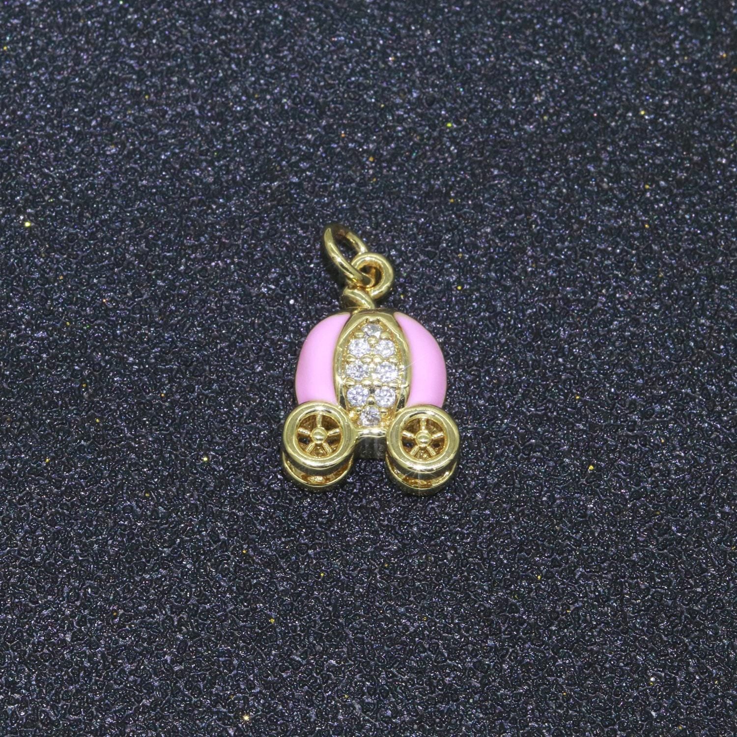 Dainty enamel carriage charm cinderella carriage charm, pumpkin necklace pendant for kids jewelry inspired pink green orange purple charm