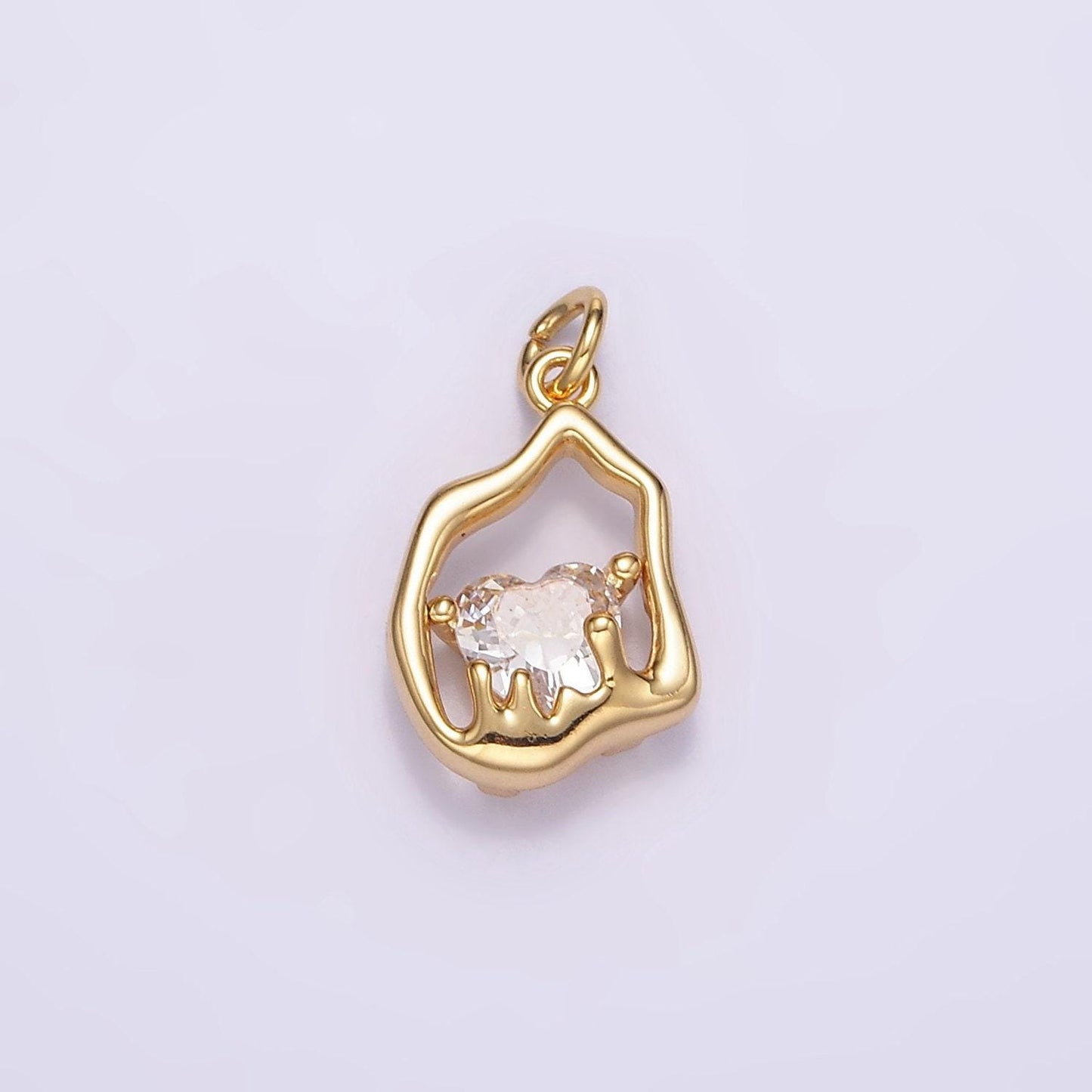14k gold filled clear cz oval abstract pendant geometric hammered molten charm | m110