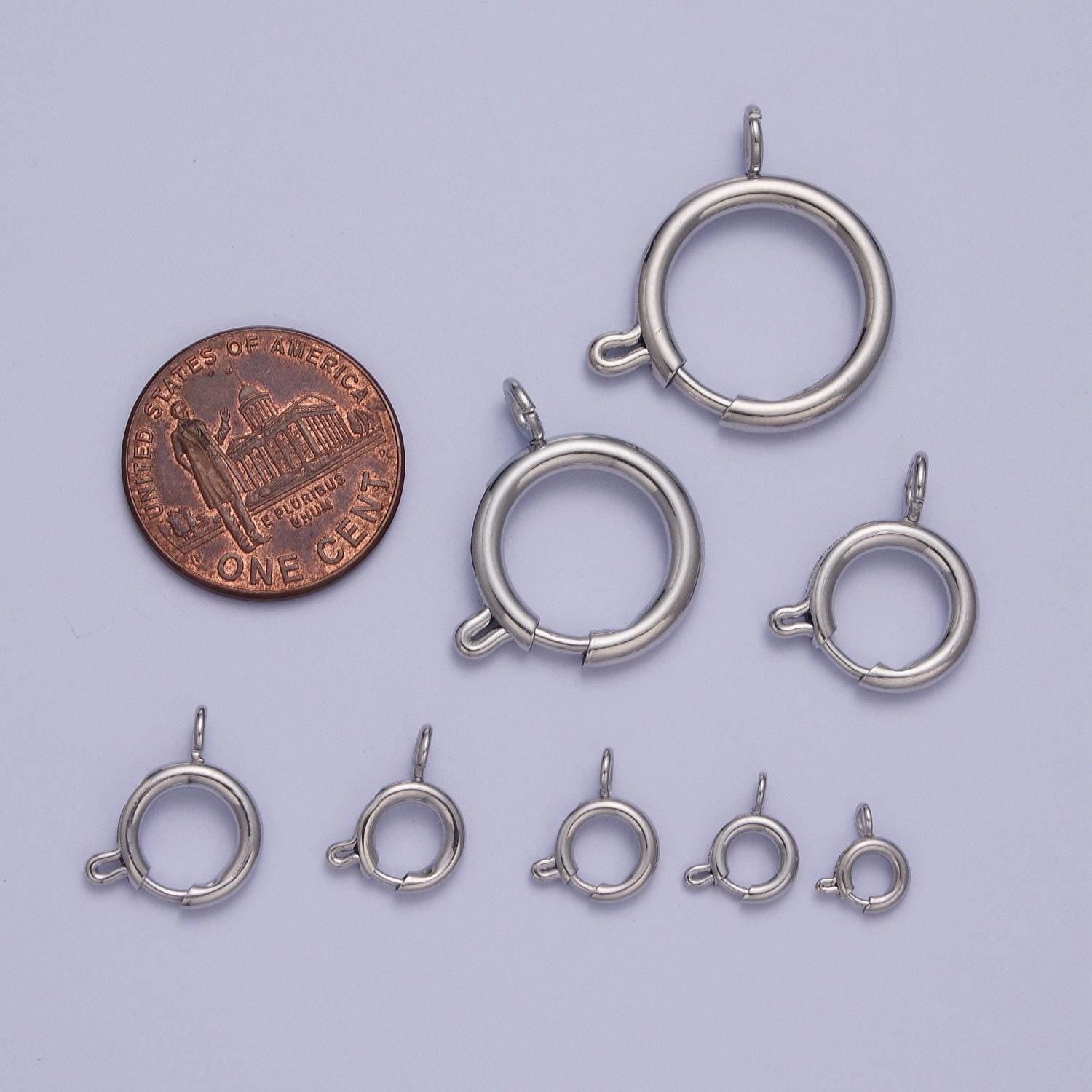 Various sizes silver round open push in clasp with loop finding enhancer, silver spring ring clasp jewelry making supply | l-883~l-891