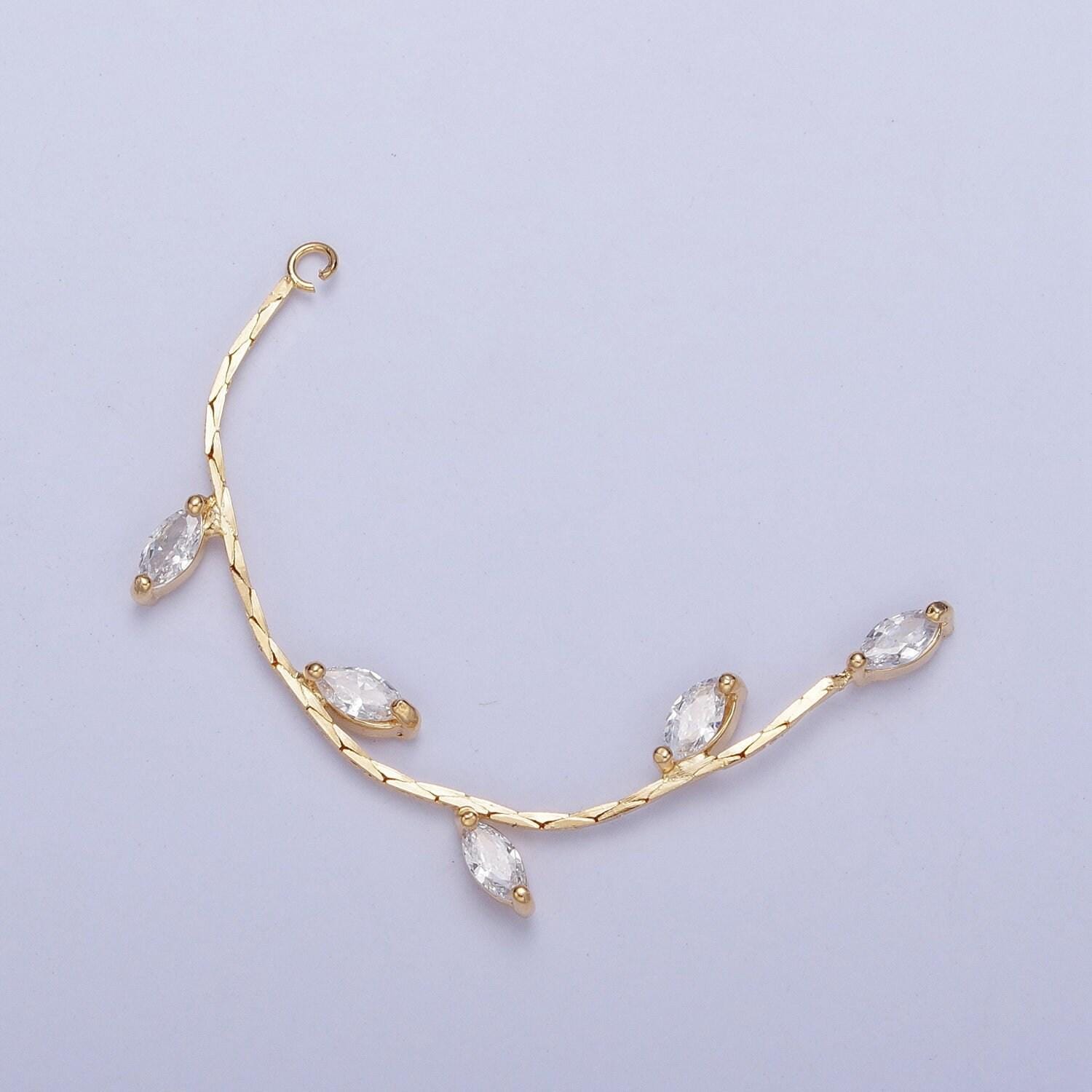63.5mm gold cobra snake chain with marquise cubic zirconia with open link loop, nature vine & leaves tassel charm | l-833
