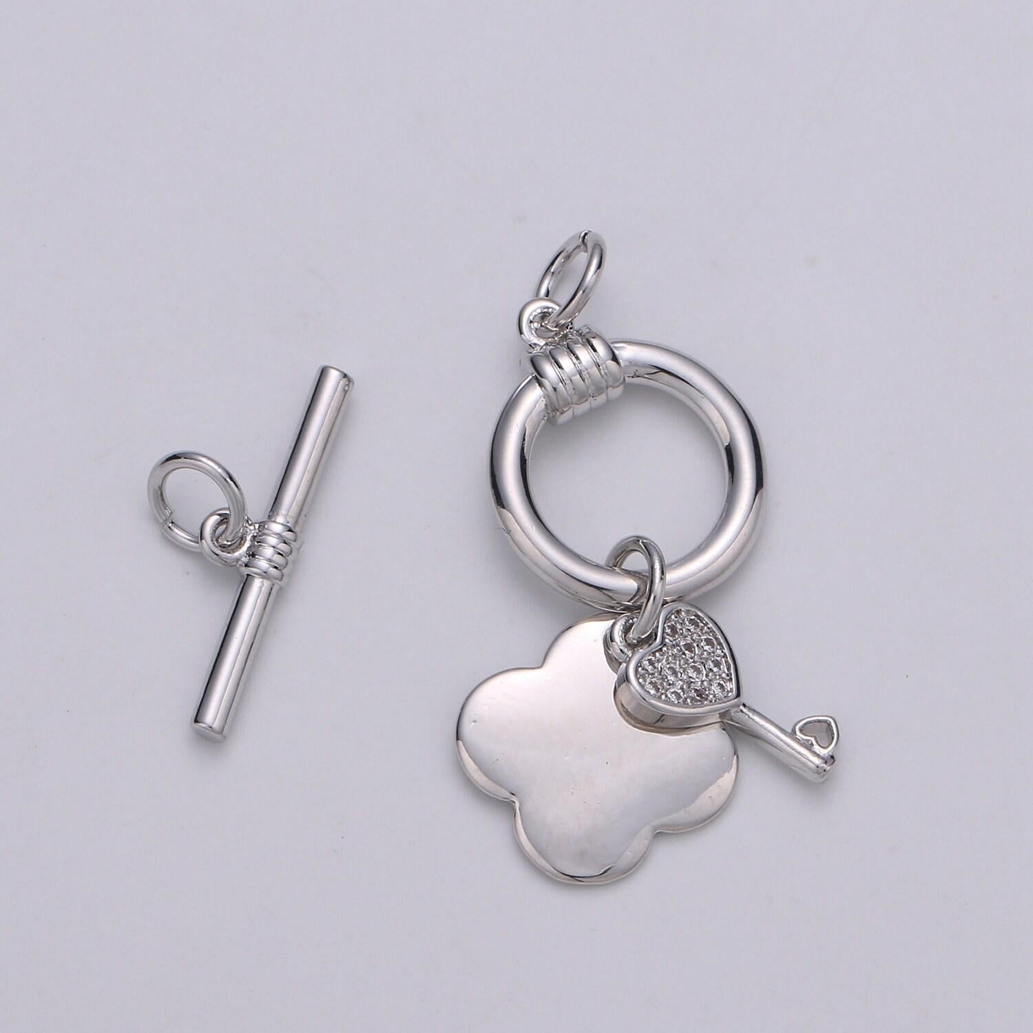 1 set 12.8mm 24k gold toggle clasp with shamrock & cz pave key charm, supp-1005, 1006