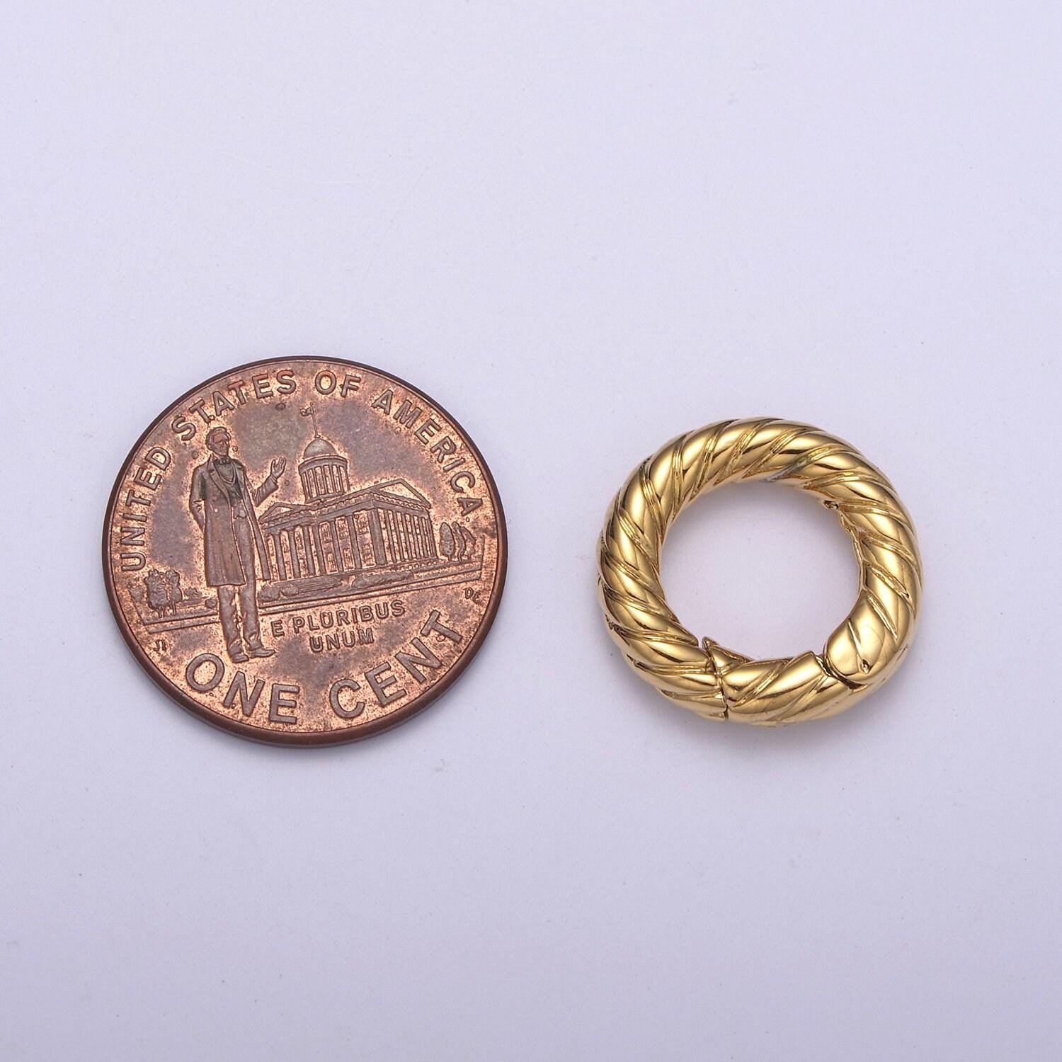 Mini gold push gate ring, 15mm round twisted rope ring charm holder l-598 / l-599