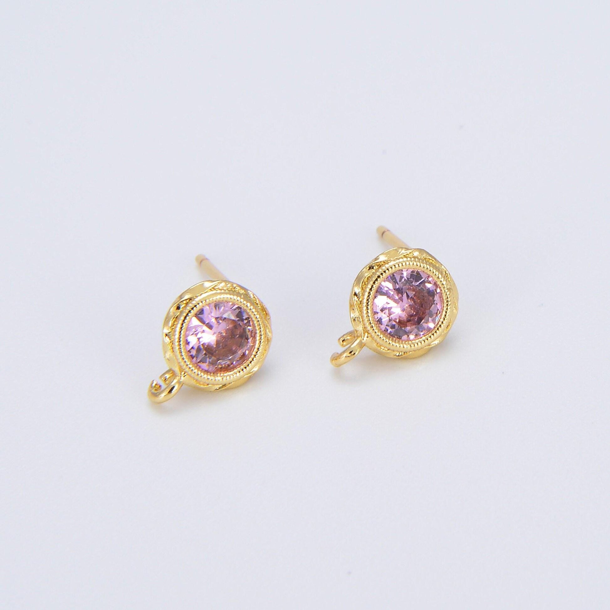 Tiny cz cubic earring post w/ open link, nickel free, 15x7.6mm, 14k gold plated brass, cz, earring making post 1 pair l269