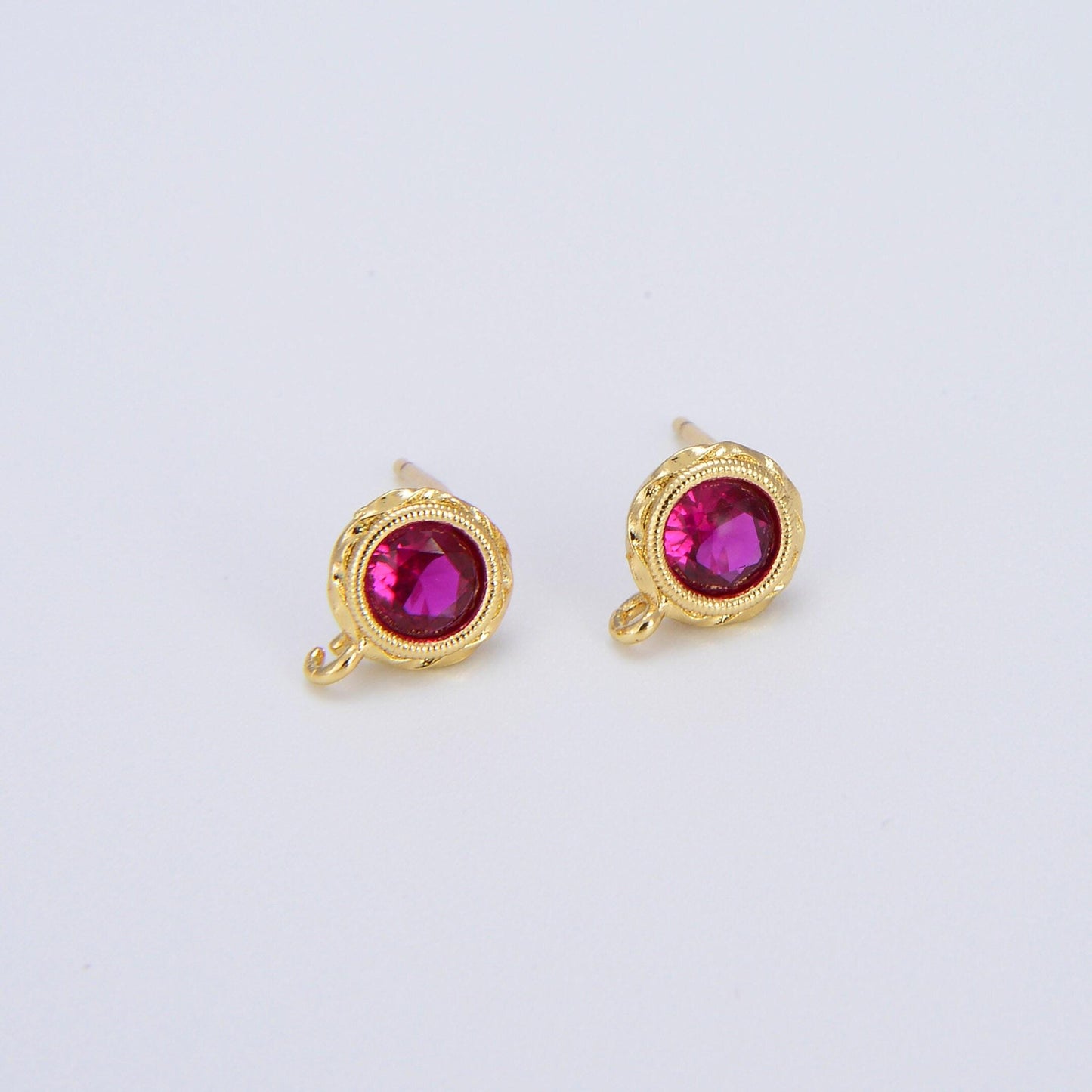 Tiny cz cubic earring post w/ open link, nickel free, 15x7.6mm, 14k gold plated brass, cz, earring making post 1 pair l269