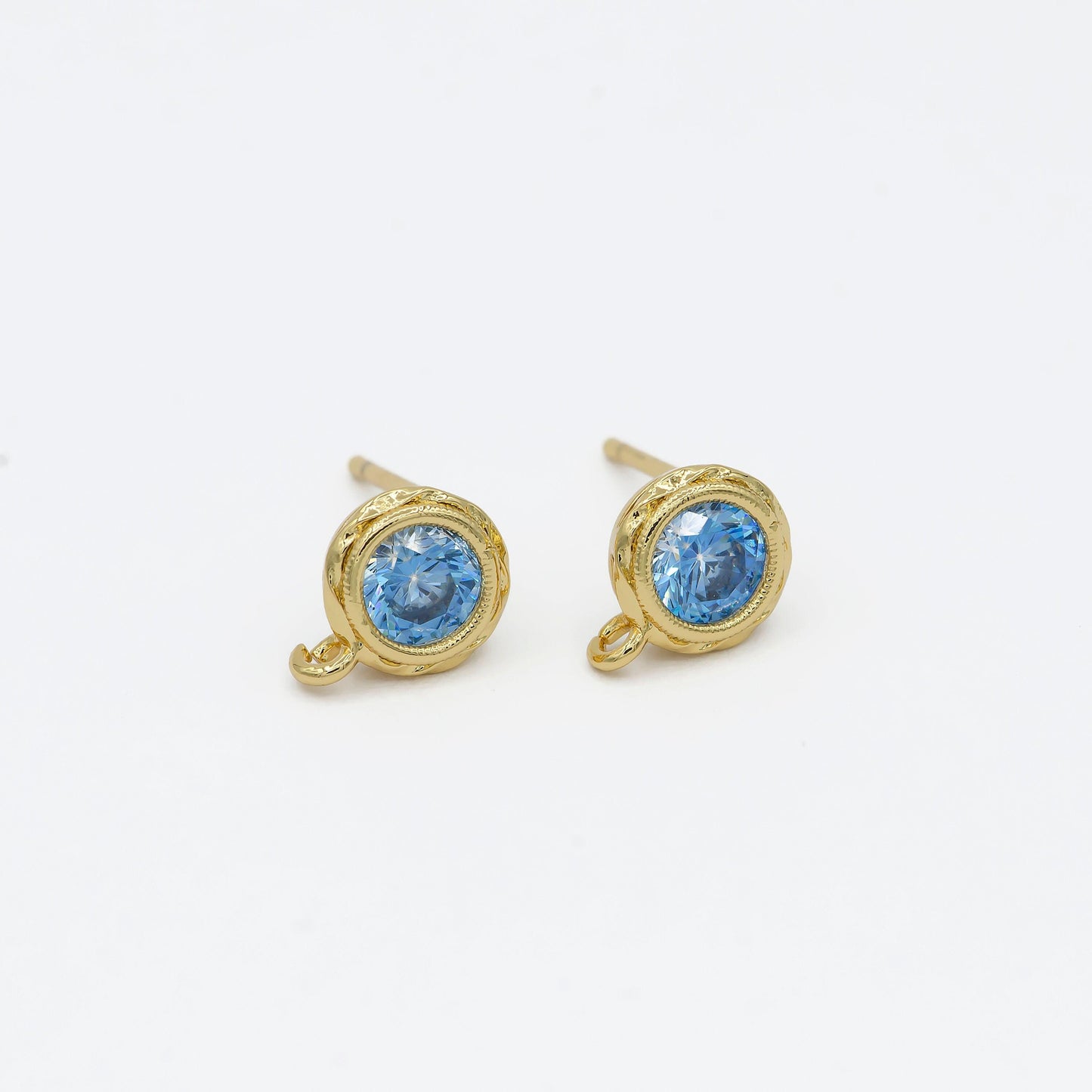 Tiny cz cubic earring post w/ open link, nickel free, 15x7.6mm, 14k gold plated brass, cz, earring making post 1 pair l269