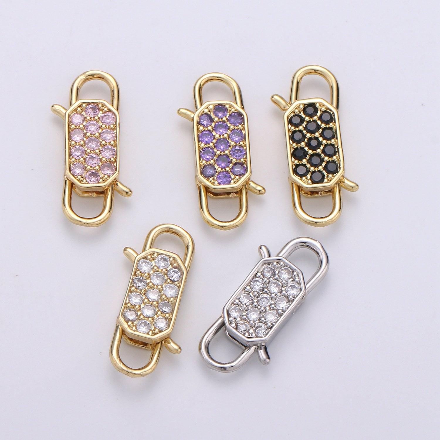 1x gold cz micro pave clasp rectangle lock, interlock micro pave clasp fastener for bracelet necklace clear pink black purple supp 725-729