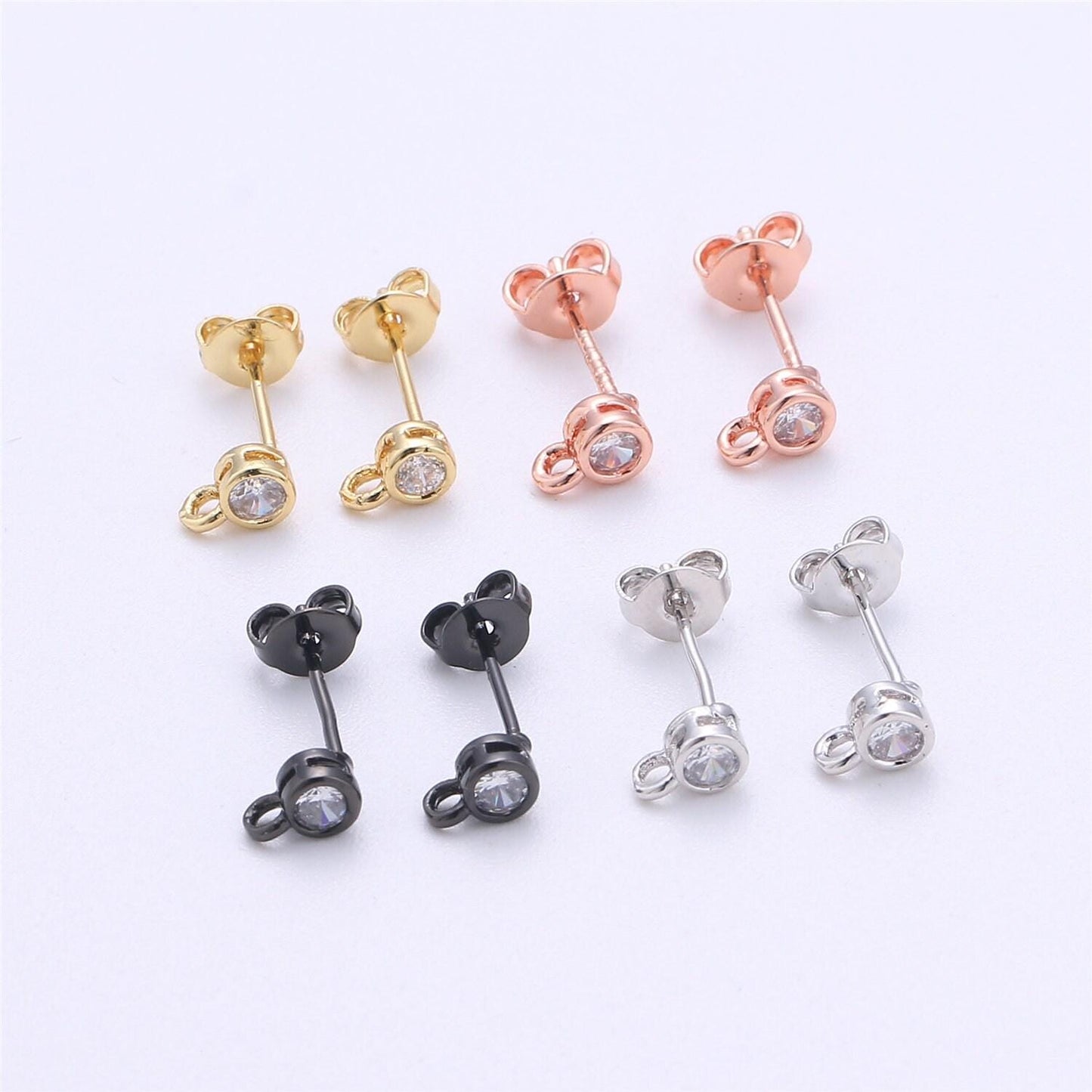 1 pair round 3 mm cz ear stud open link gold filled earring nickel free minimalist earring making post,jewelry making supply, k-326