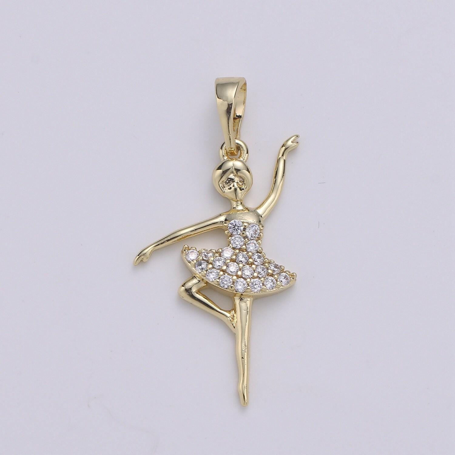 14k gold ballerina pendant, angel charm, micro pave cubic mini pendant, dainty beautiful jewelry bracelet earring necklace, pdgf-1971