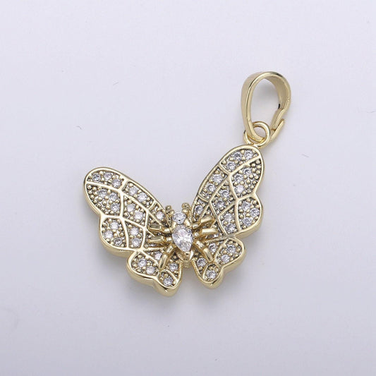 14k gold micro pave butterfly charm cubic zirconia mariposa pendant charm pear cut cz moth charm, pdgf-1968