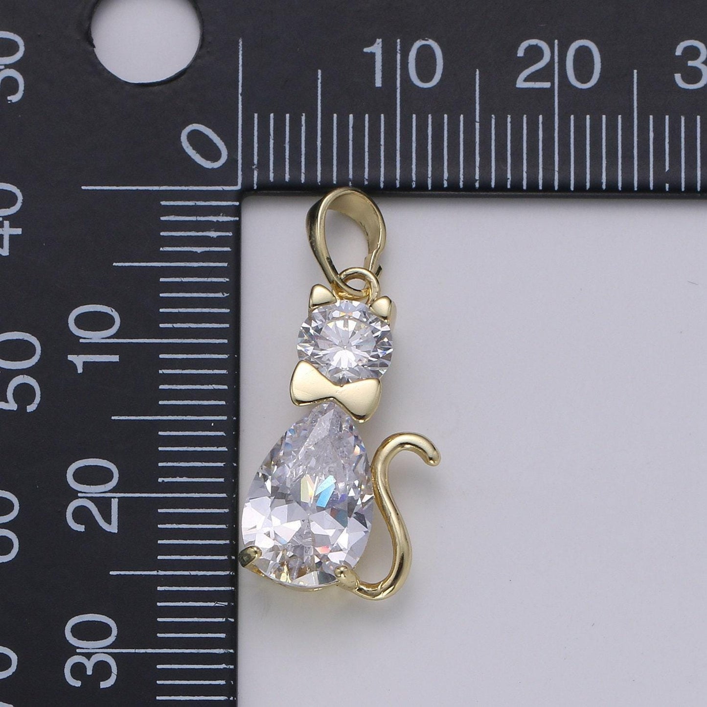 Kiddy cat 14k gold pendant,pear cut cz pendant,tuxedo bow paved charm, solitaire pendant, kitten charm, animal lover charm, pdgf-1967