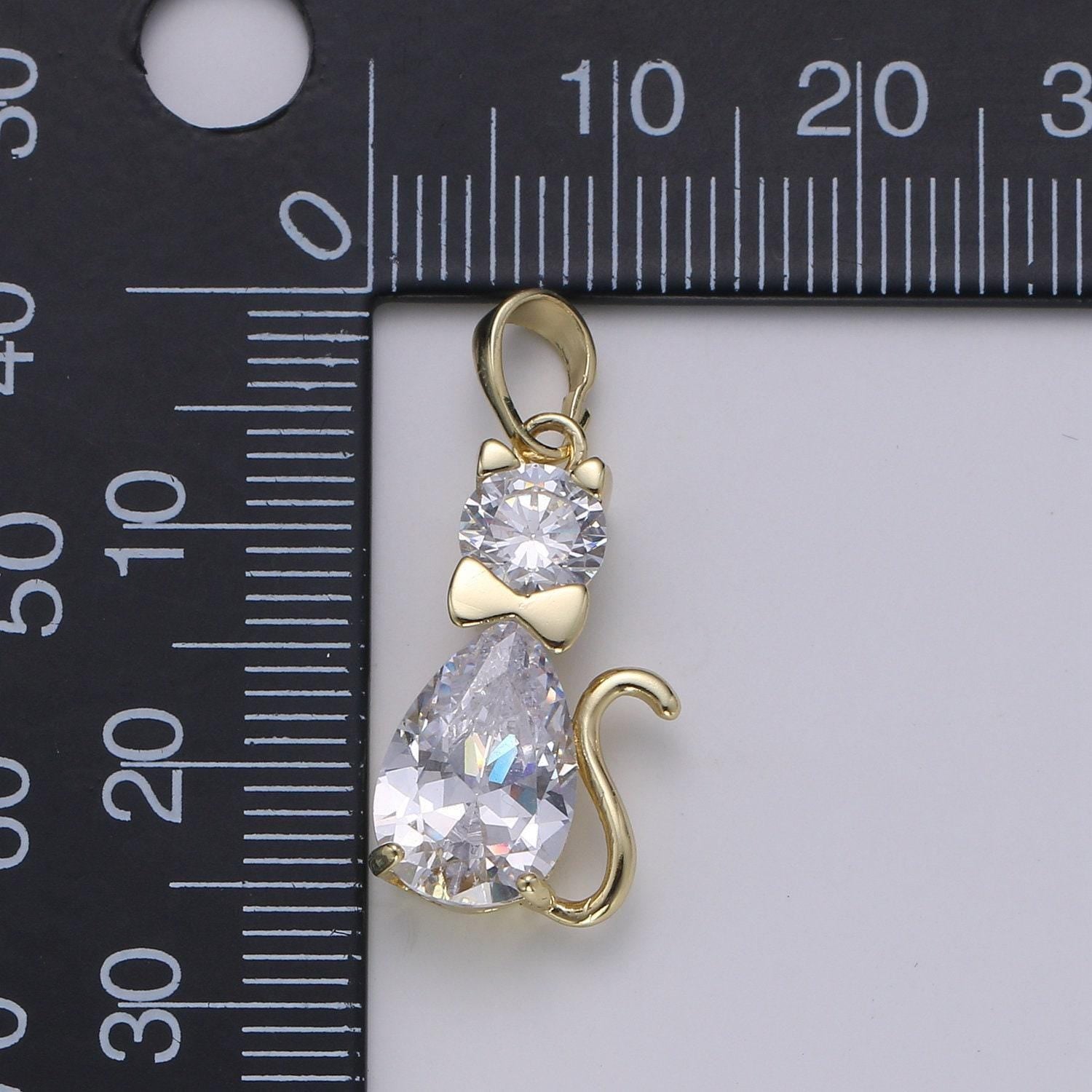 Kiddy cat 14k gold pendant,pear cut cz pendant,tuxedo bow paved charm, solitaire pendant, kitten charm, animal lover charm, pdgf-1967