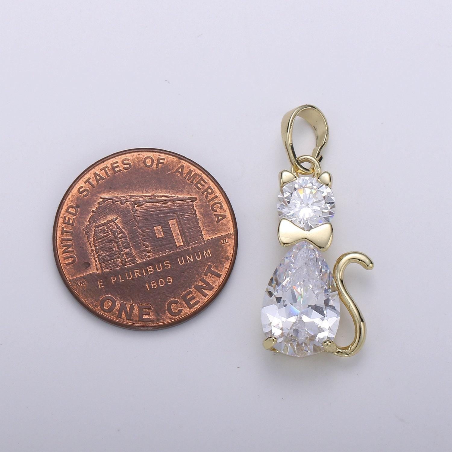 Kiddy cat 14k gold pendant,pear cut cz pendant,tuxedo bow paved charm, solitaire pendant, kitten charm, animal lover charm, pdgf-1967