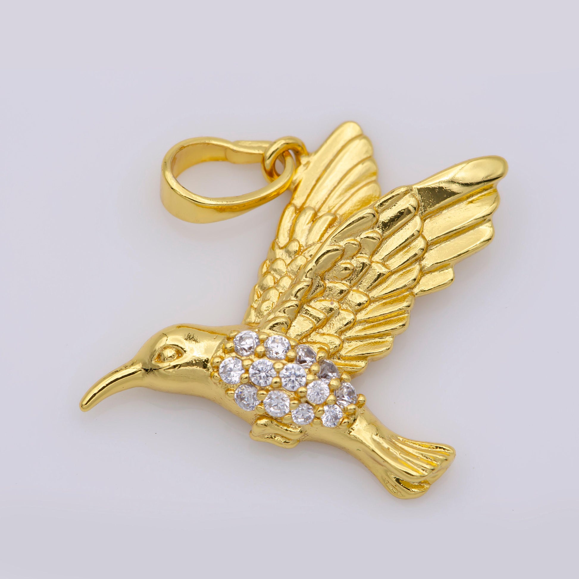 Micro pave gold hummingbird charm 24k gold filled humming bird pendant 26.5mmx25mm gold woodland jewelry for necklace earring