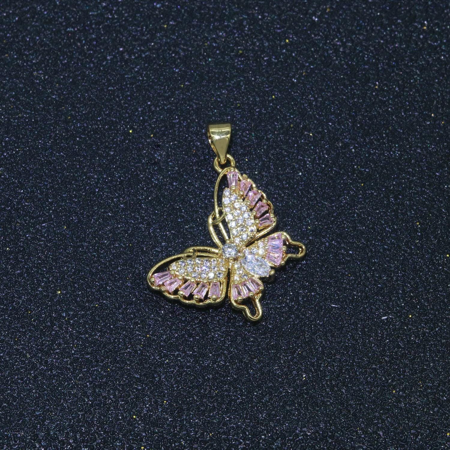 Pink 14k gold filled micro pave cz butterfly pendant charm dangle mariposa monarch animal pendant charm baguette for necklace