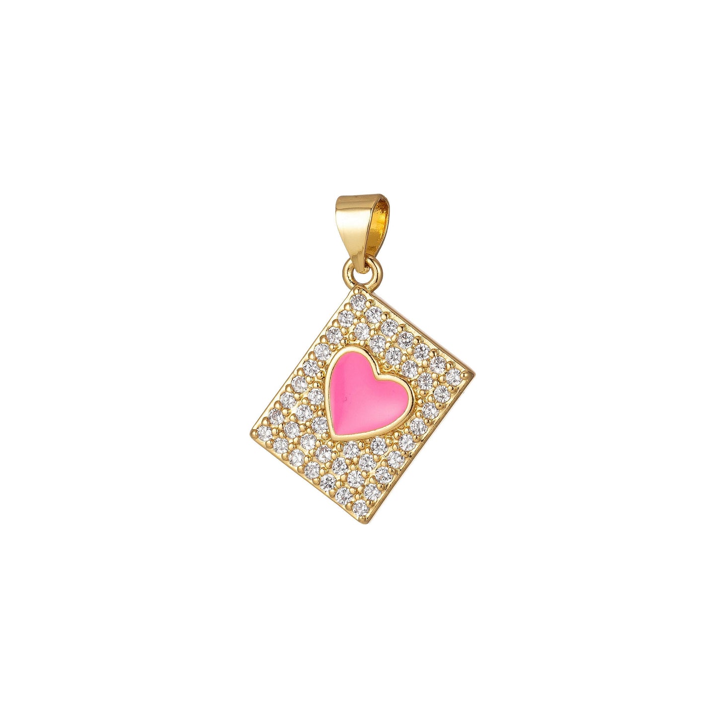 Micro pave heart pendant dainty tile charm enamel heart tag charm jewelry making supply 14k gold filled findings