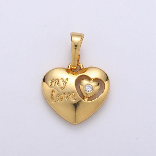 My love cz heart 24k gold pendant double hearts charm, heart to heart pendant charm, charm, for diy jewelry, pdgf-1954