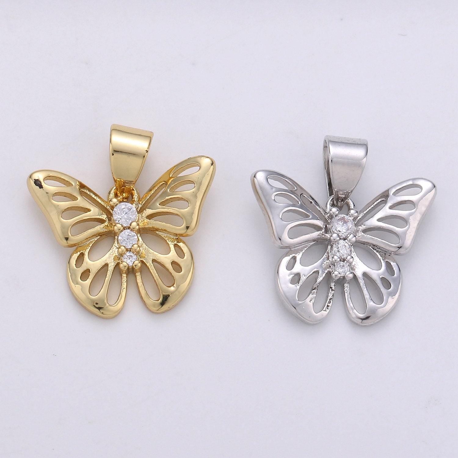 11mm butterfly charm micro pave butterfly charm, past present future cz in butterfly pendant, 14k gold charm