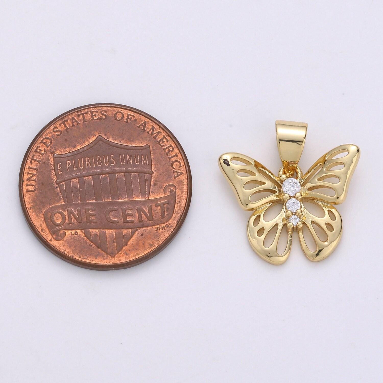 11mm butterfly charm micro pave butterfly charm, past present future cz in butterfly pendant, 14k gold charm