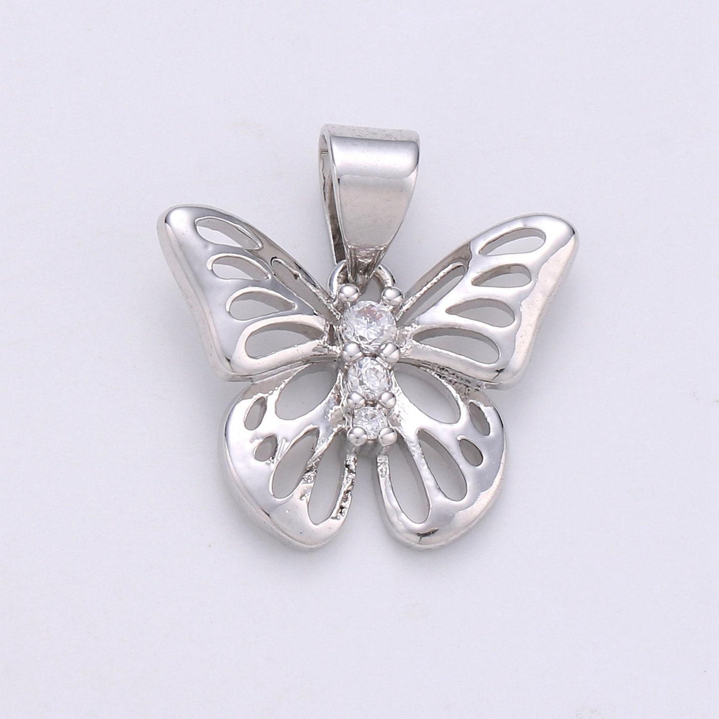 11mm butterfly charm micro pave butterfly charm, past present future cz in butterfly pendant, 14k gold charm