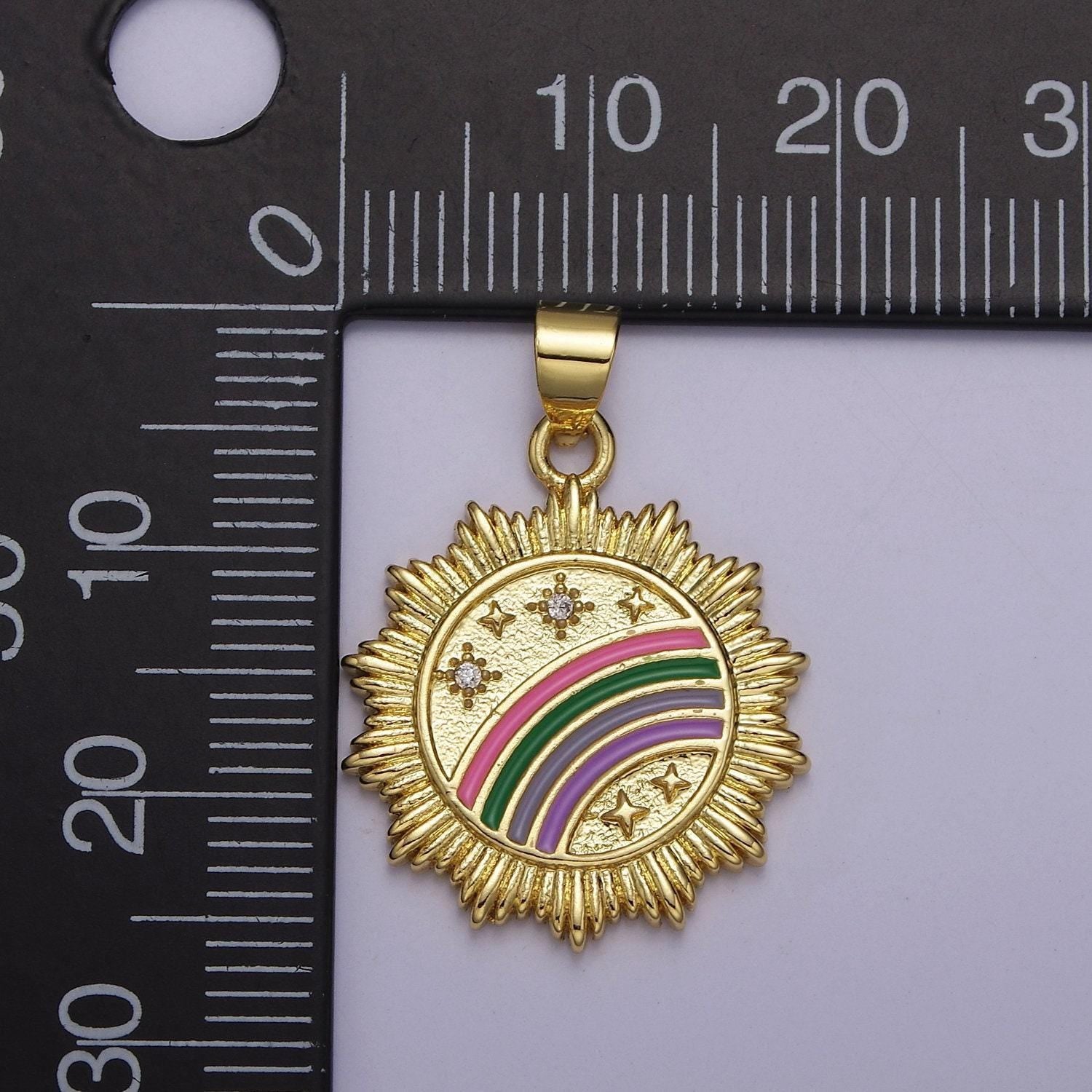 Gold enamel rainbow medallion pendant with sunburst cubic zirconia celestial stars jewelry for necklace earring making, j-753