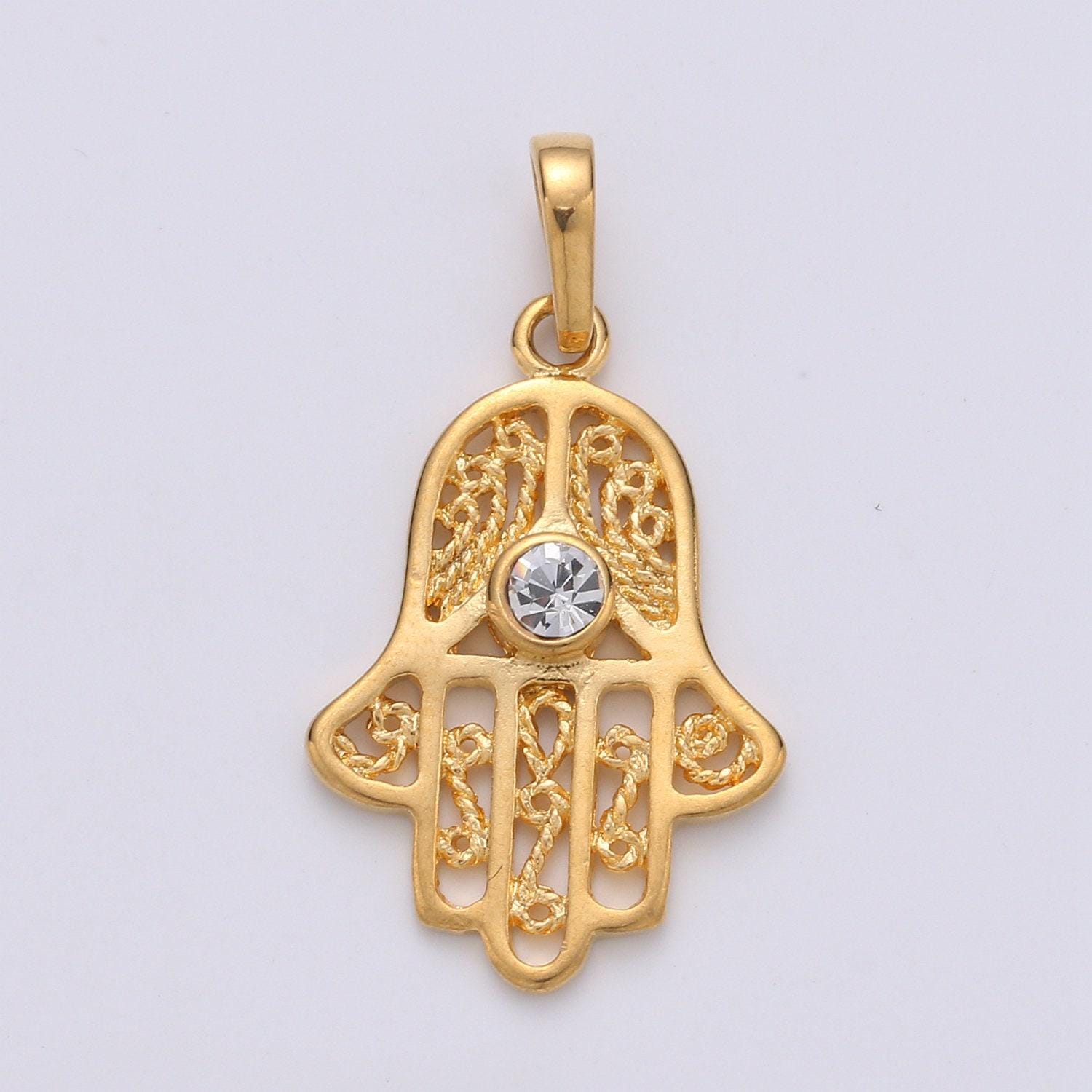 Filigree 24k gold hamsa hand pendant- small hamsa pendant - dainty charm - cubic hamsa hand charm - necklace bracelet earring, pdgf-1943
