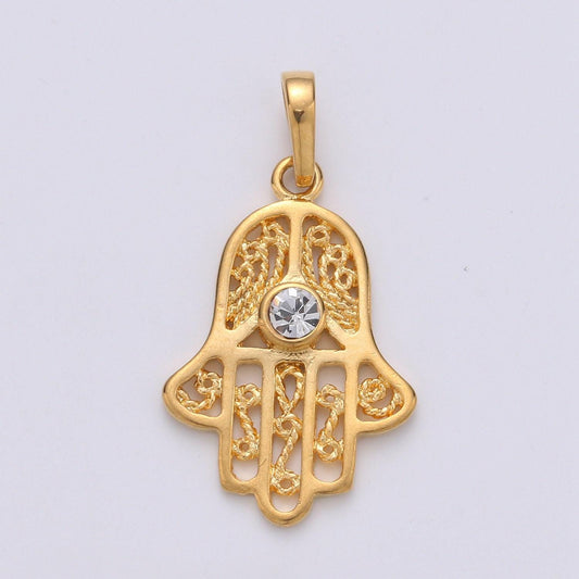 Filigree 24k gold hamsa hand pendant- small hamsa pendant - dainty charm - cubic hamsa hand charm - necklace bracelet earring, pdgf-1943