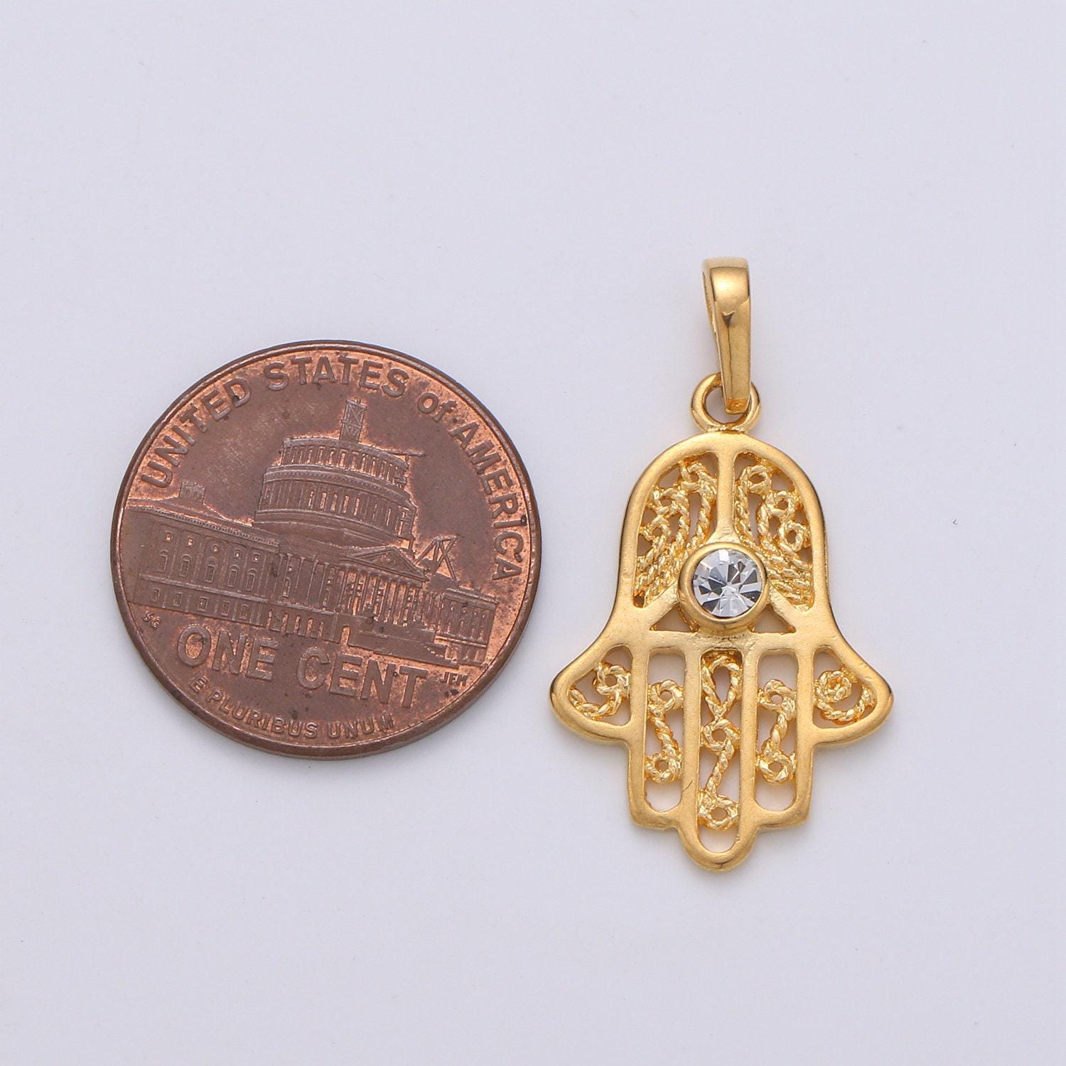 Filigree 24k gold hamsa hand pendant- small hamsa pendant - dainty charm - cubic hamsa hand charm - necklace bracelet earring, pdgf-1943