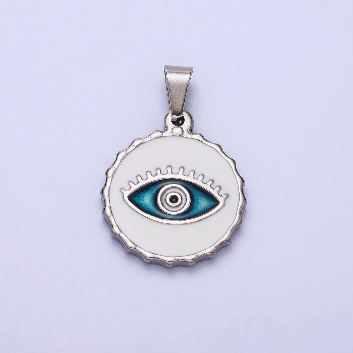Stainless steel green, blue evil eye white enamel round textured pendant in gold & silver | j683 j686 j689 j698