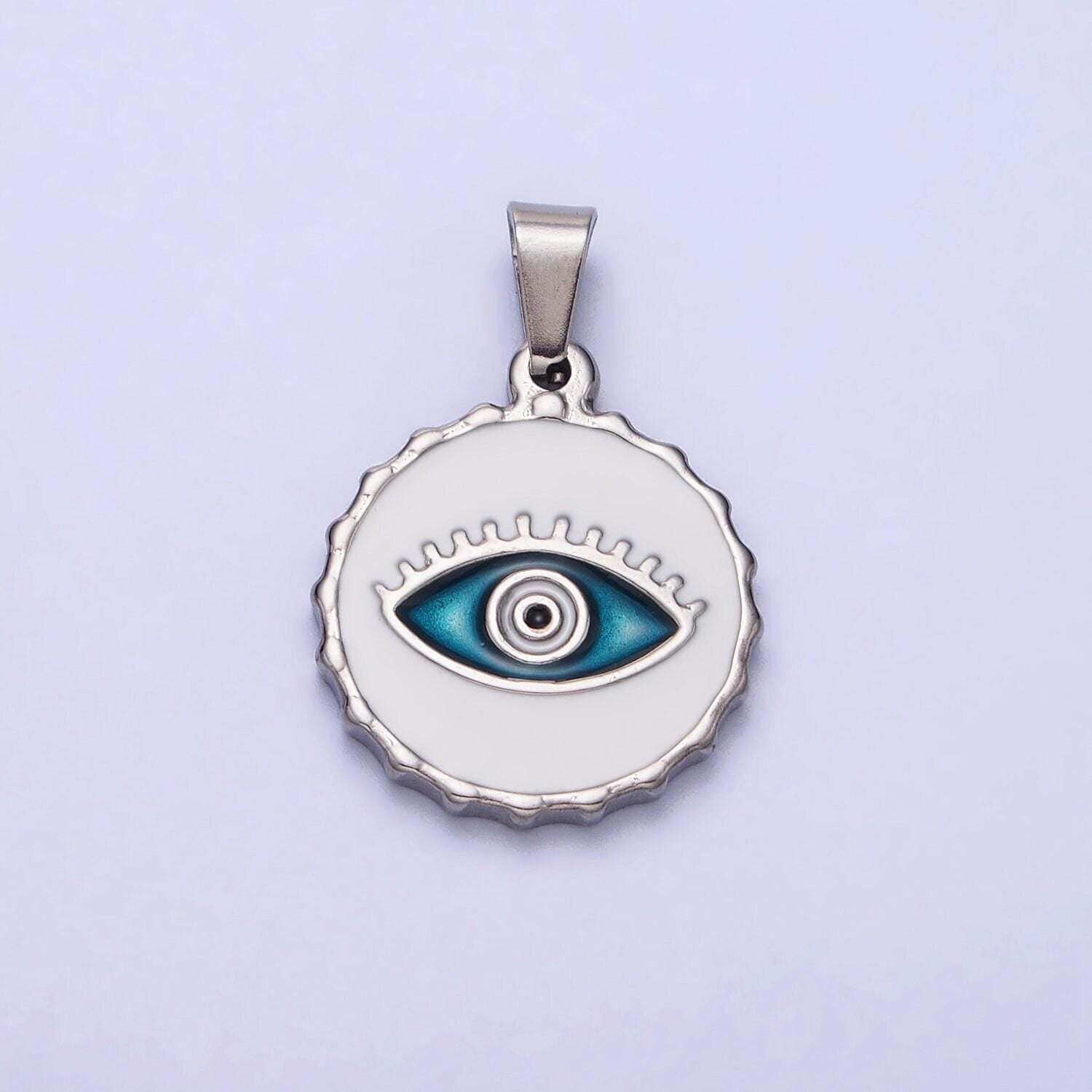 Stainless steel green, blue evil eye white enamel round textured pendant in gold & silver | j683 j686 j689 j698