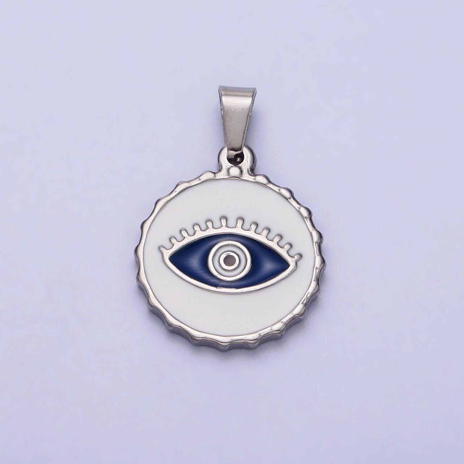 Stainless steel green, blue evil eye white enamel round textured pendant in gold & silver | j683 j686 j689 j698