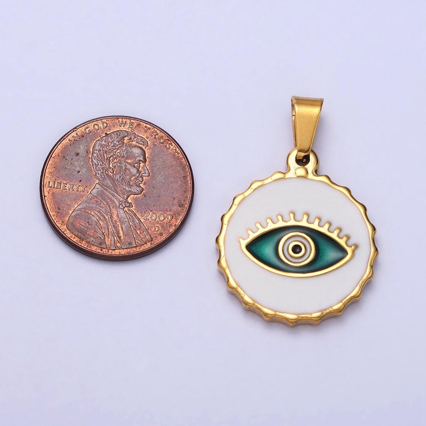 Stainless steel green, blue evil eye white enamel round textured pendant in gold & silver | j683 j686 j689 j698