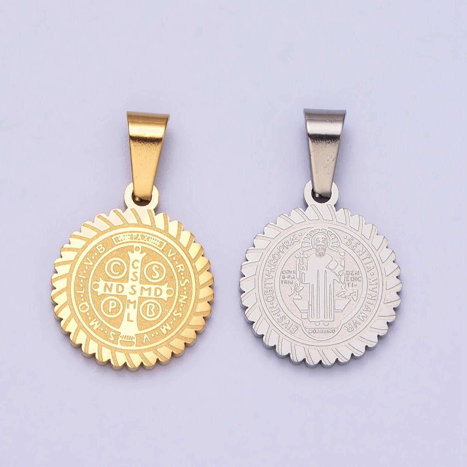 Dainty st benedict medal stainless steel gold religious pendant men women, saint benedict pendant charm double sided j664